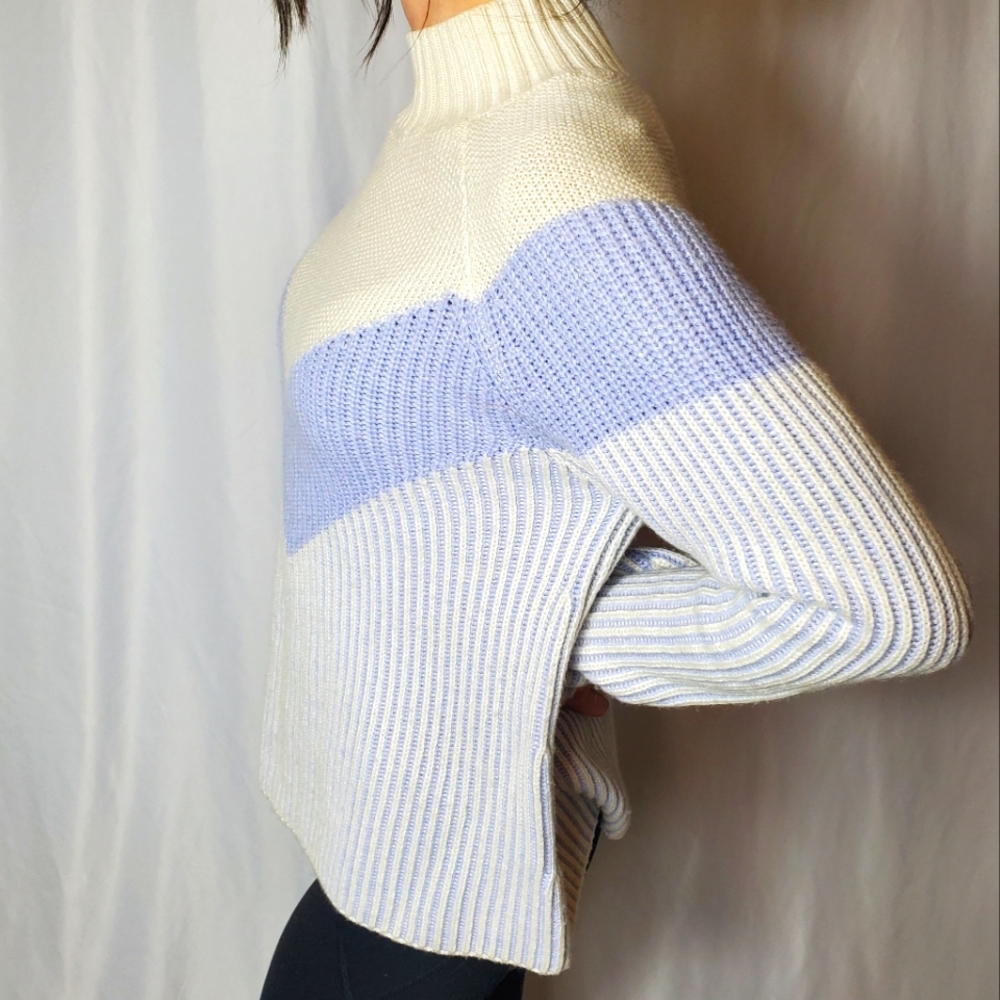 Anthropologie Rue and Willow Cream, Periwinkle Striped Mockneck Cashmere Sweater - Picture 5 of 10